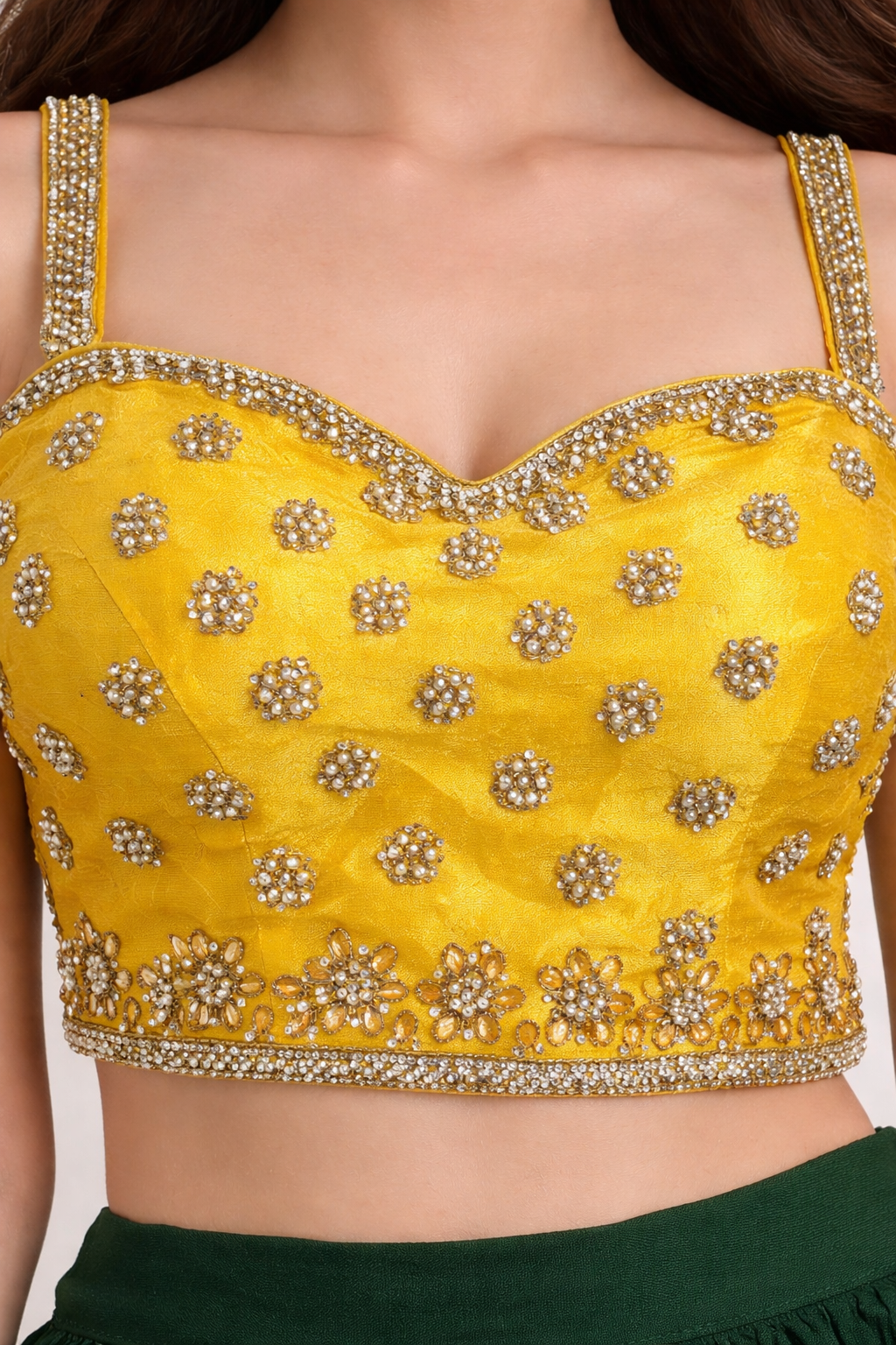 Yellow Embroidered Crop Top with Dark Green Lehenga & Dupatta for Women | Party Wear Ethnic Set