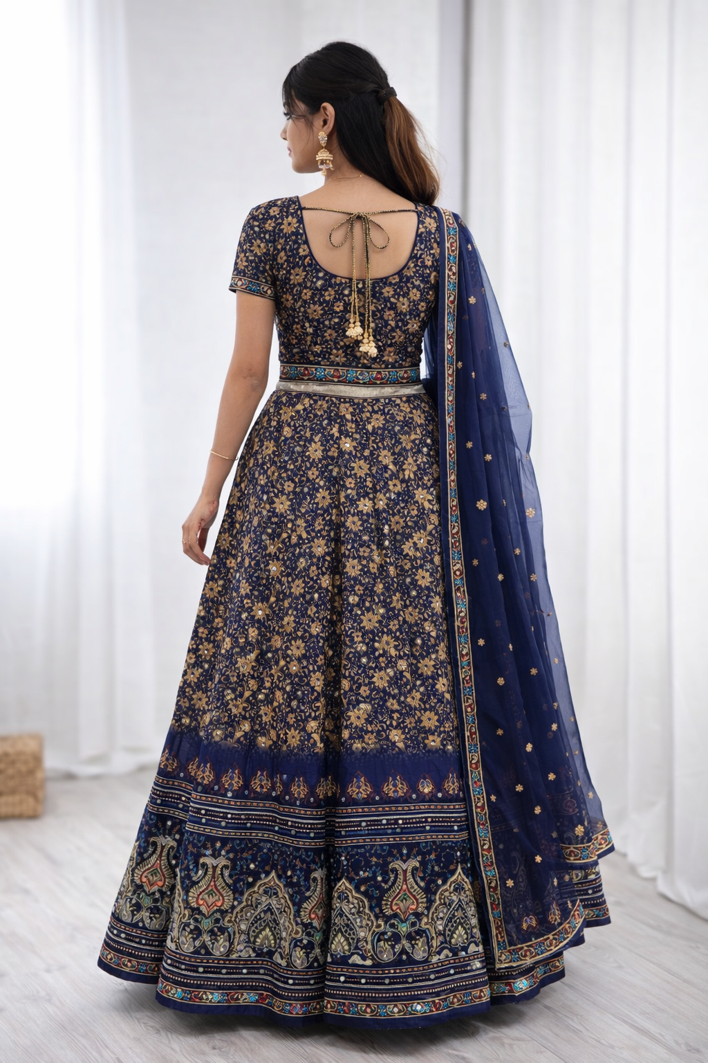 Royal Navy Blue Floral Print Lehenga Choli Set with Dupatta for Women | Festive & Wedding Wear