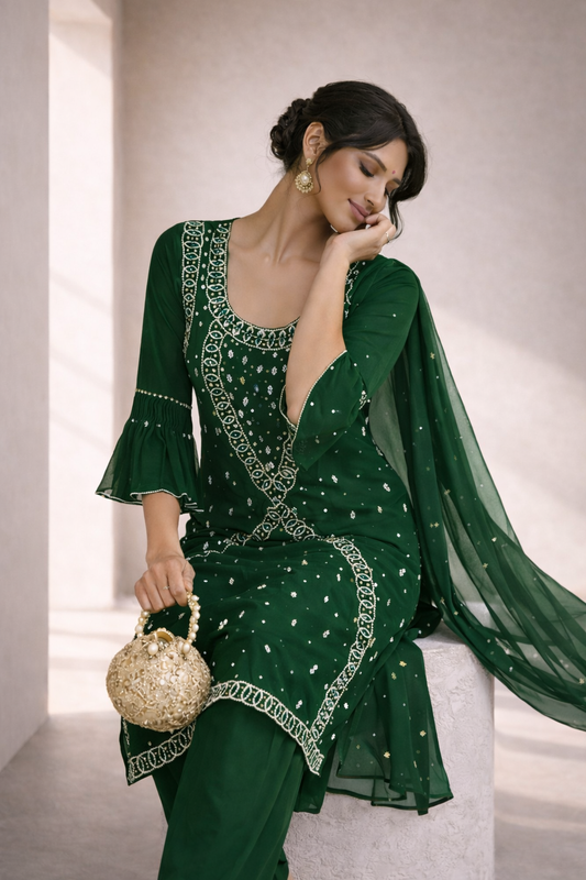 Elegant Dark Green Embroidered Kurta Set for Women | Festive & Party Wear Straight Suit with Dupatta