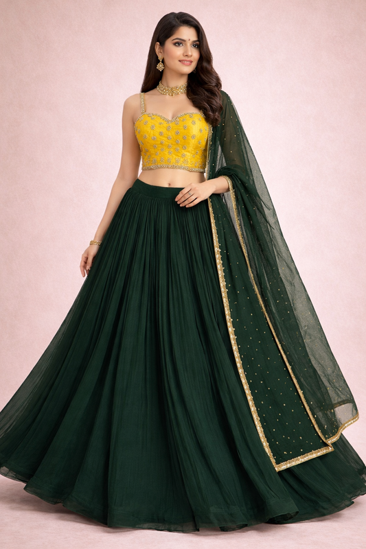 Yellow Embroidered Crop Top with Dark Green Lehenga & Dupatta for Women | Party Wear Ethnic Set