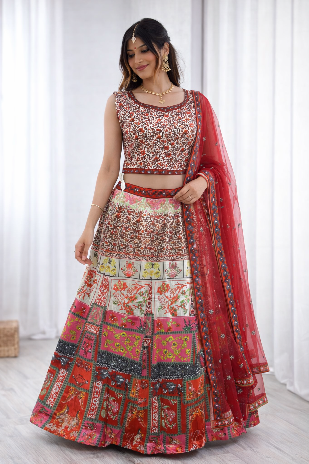Red Printed Lehenga Choli Set for Women | Festive & Wedding Wear