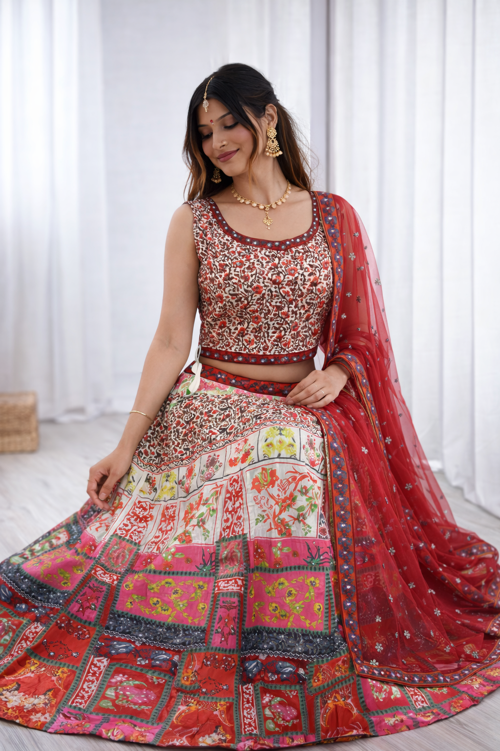 Red Printed Lehenga Choli Set for Women | Festive & Wedding Wear