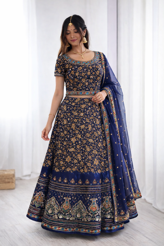 Royal Navy Blue Floral Print Lehenga Choli Set with Dupatta for Women | Festive & Wedding Wear