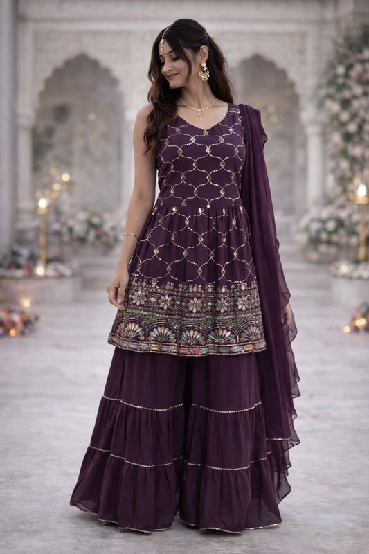 Purple Embroidered Sharara Suit Set with Dupatta for Women | Festive & Party Wear