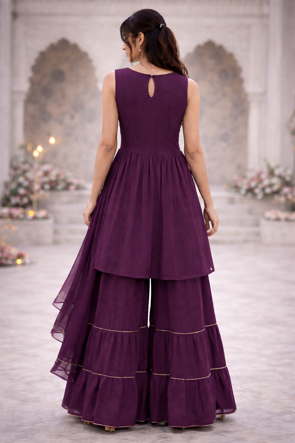Purple Embroidered Sharara Suit Set with Dupatta for Women | Festive & Party Wear