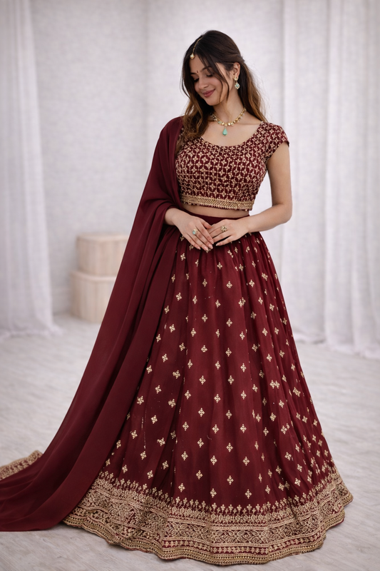 Wine Embroidered Lehenga Choli Set with Dupatta for Women | Wedding & Festive Wear