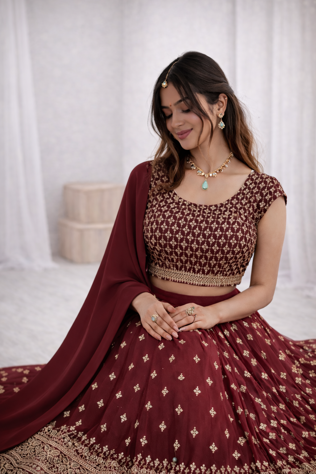 Wine Embroidered Lehenga Choli Set with Dupatta for Women | Wedding & Festive Wear