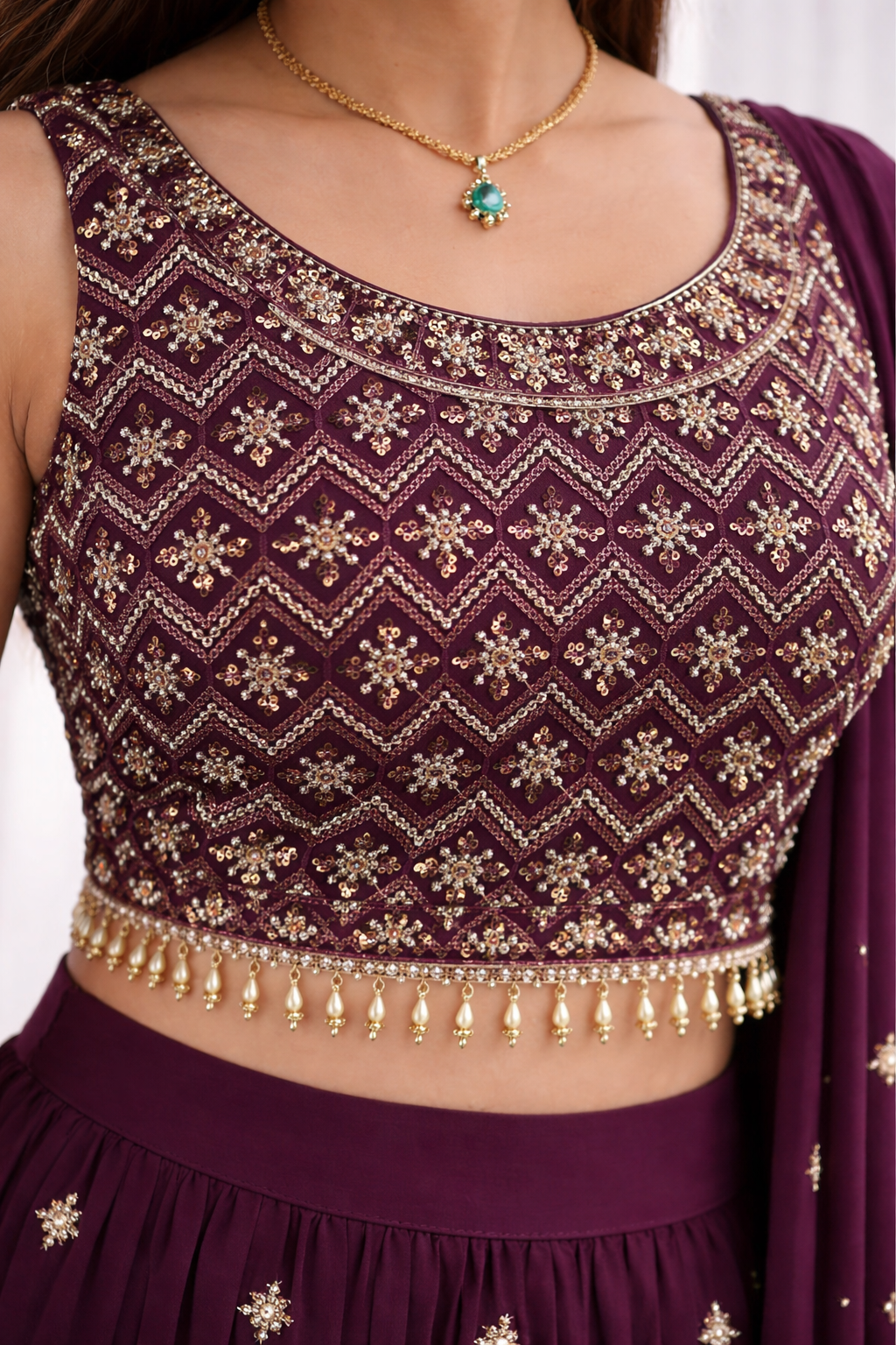 Wine Embroidered Lehenga Choli Set with Dupatta for Women | Wedding & Festive Wear