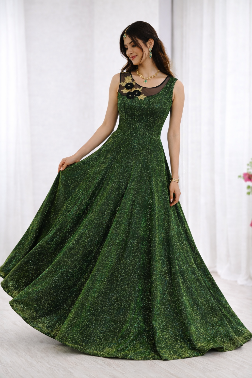 Emerald green anarkali gown for women party wear ethnic dress