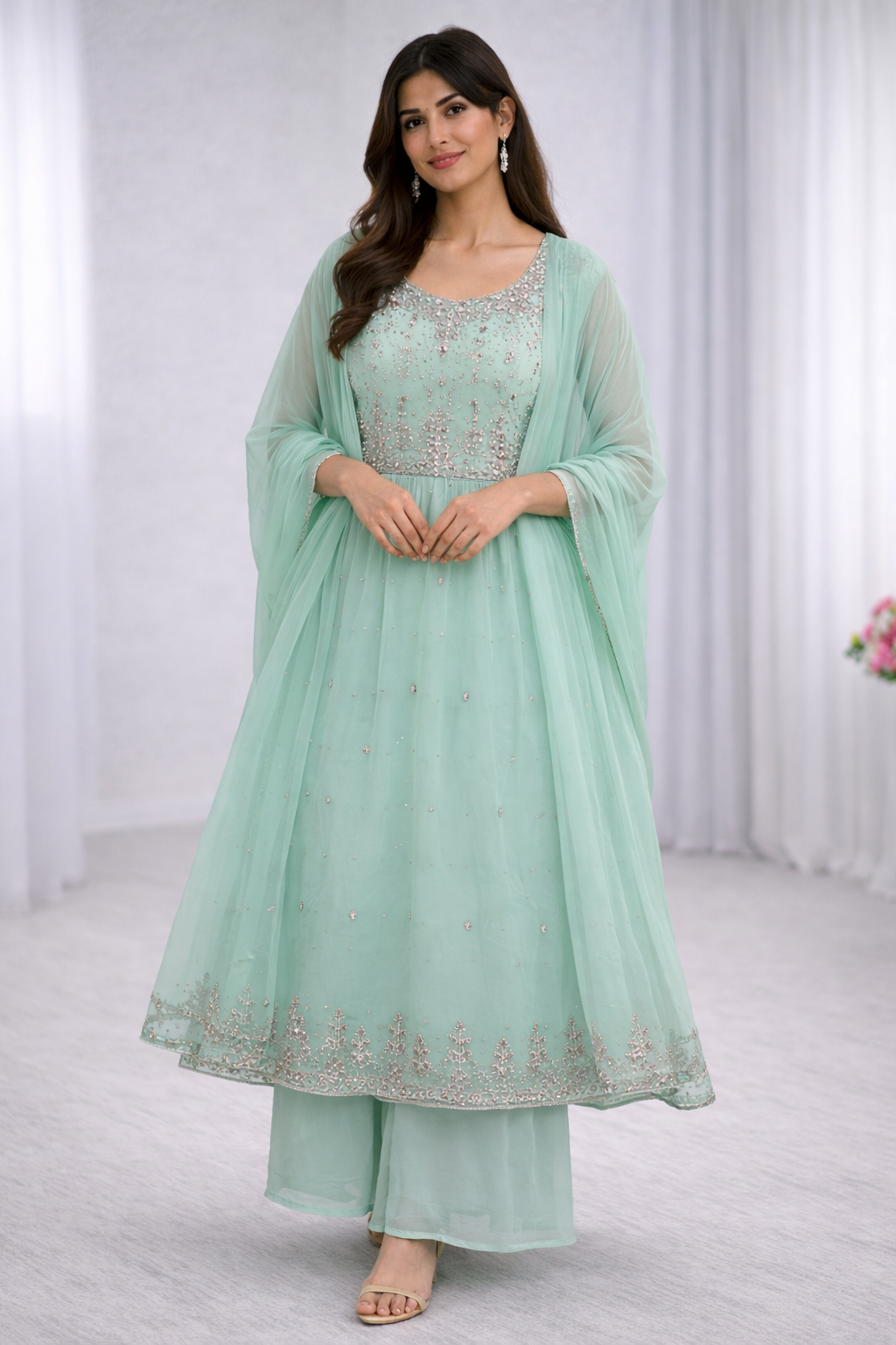 Mint Green Kurta Palazzo Set with Dupatta | Party & Festive Wear