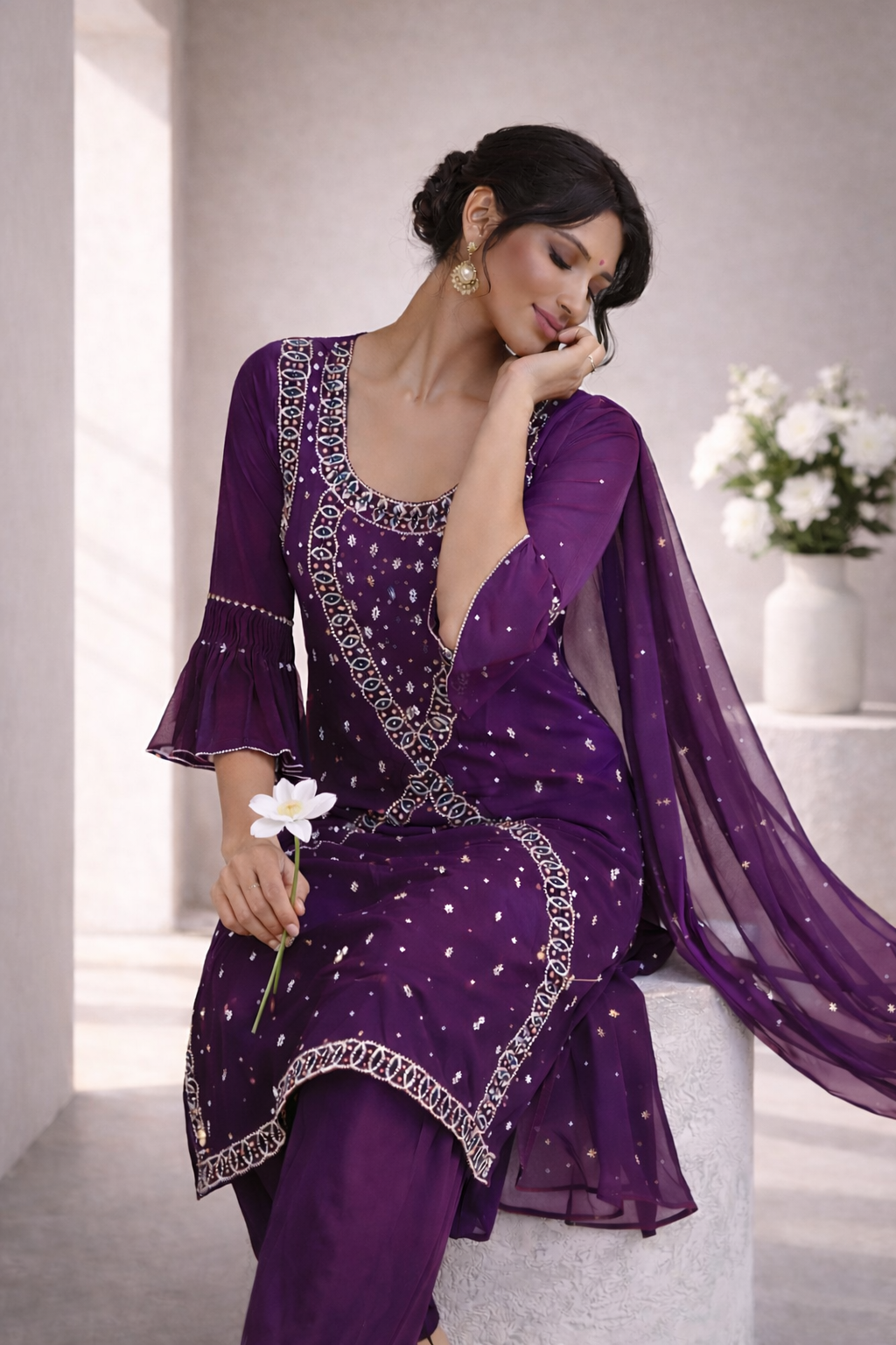Elegant Purple Embroidered Kurta Set for Women | Festive & Party Wear Suit with Dupatta