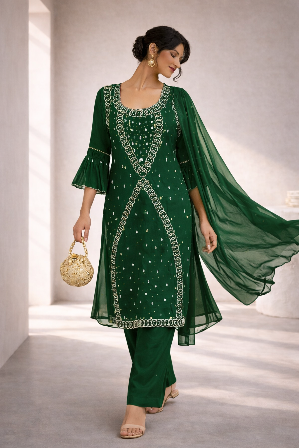 Elegant Dark Green Embroidered Kurta Set for Women | Festive & Party Wear Straight Suit with Dupatta