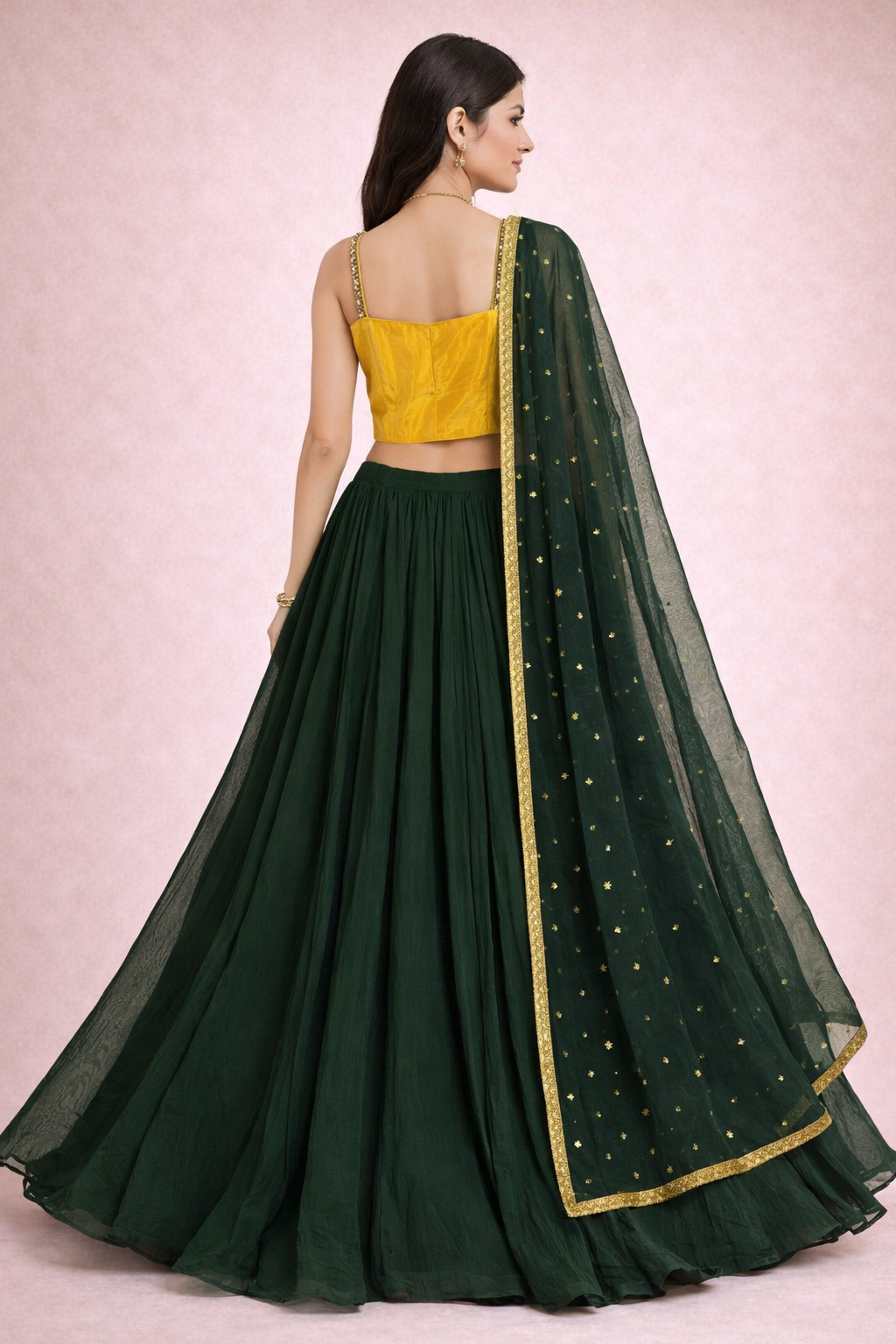 Yellow Embroidered Crop Top with Dark Green Lehenga & Dupatta for Women | Party Wear Ethnic Set