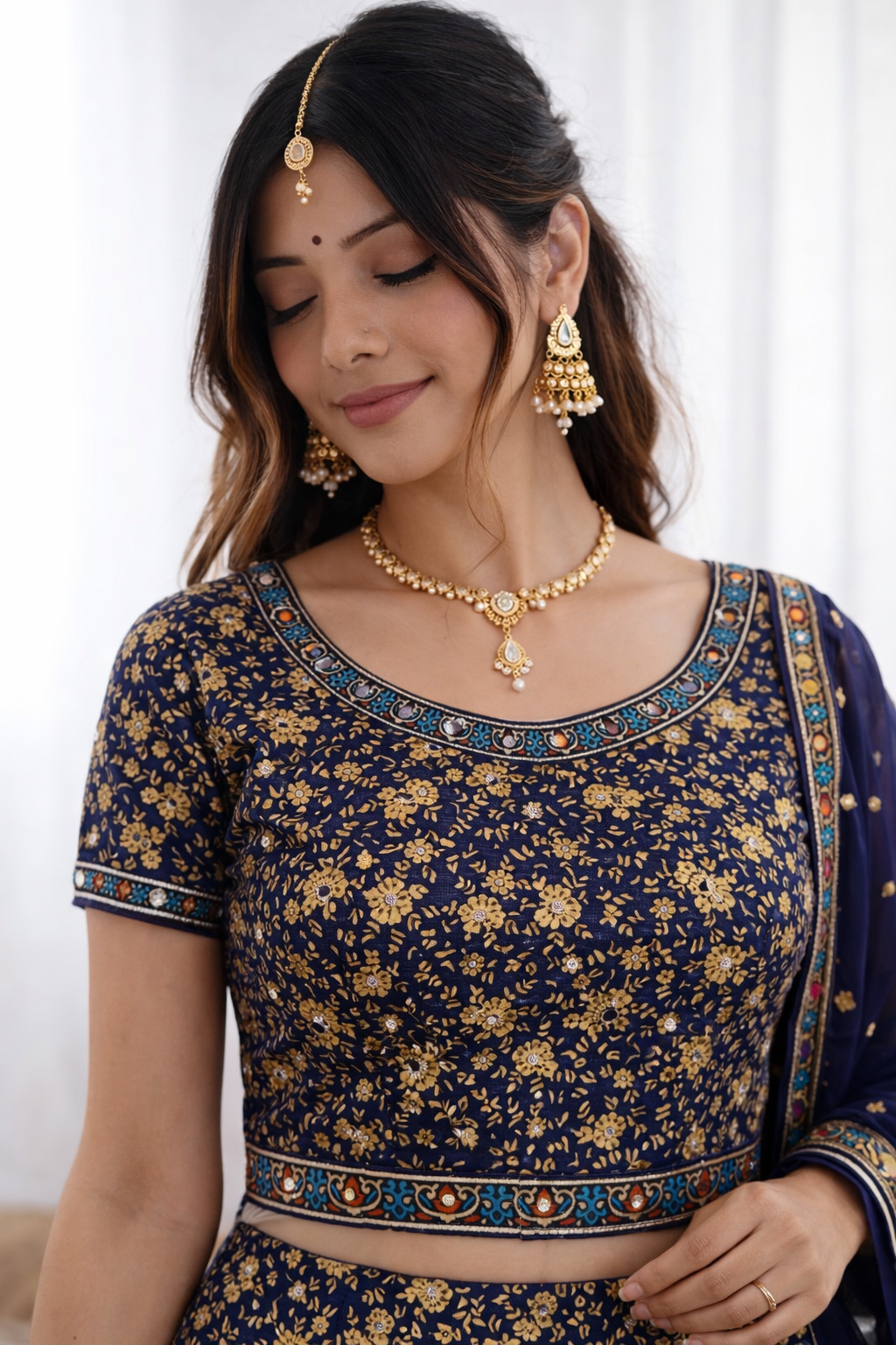 Royal Navy Blue Floral Print Lehenga Choli Set with Dupatta for Women | Festive & Wedding Wear