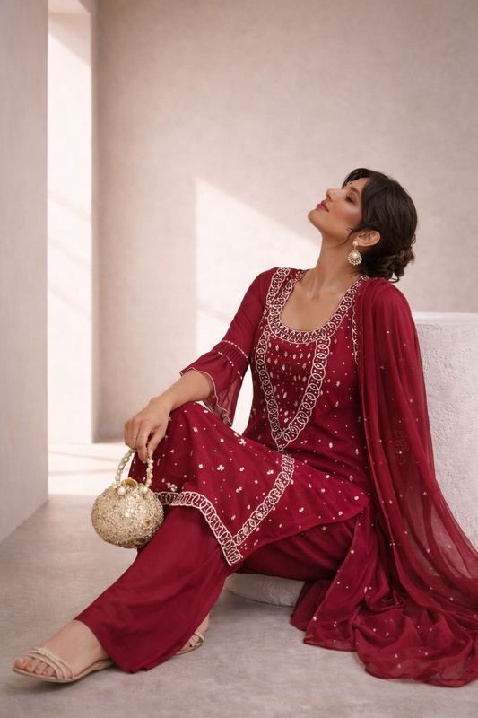 Women’s Queen Pink Colour Embroidered Anarkali Suit Set with Dupatta | Party & Wedding Wear