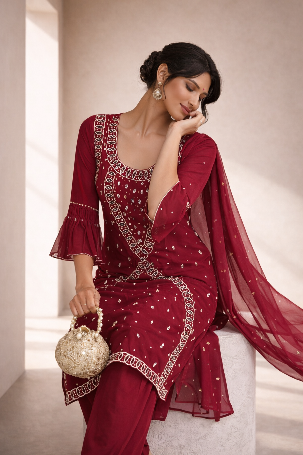 Women’s Queen Pink Colour Embroidered Anarkali Suit Set with Dupatta | Party & Wedding Wear