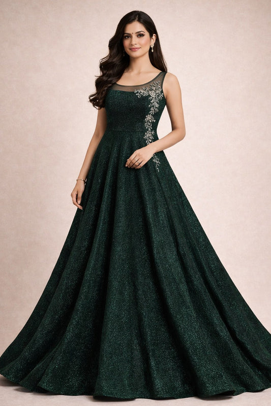 Dark Green Party Wear Gown for Women | Elegant Long Ethnic Dress