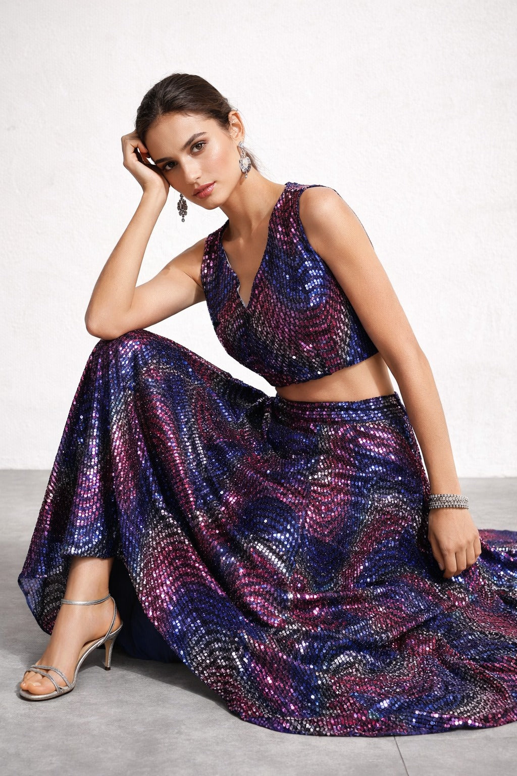 Multicolor Sequin Lehenga Set for Women | Designer Party Wear Crop Top & Flared Skirt | Auras