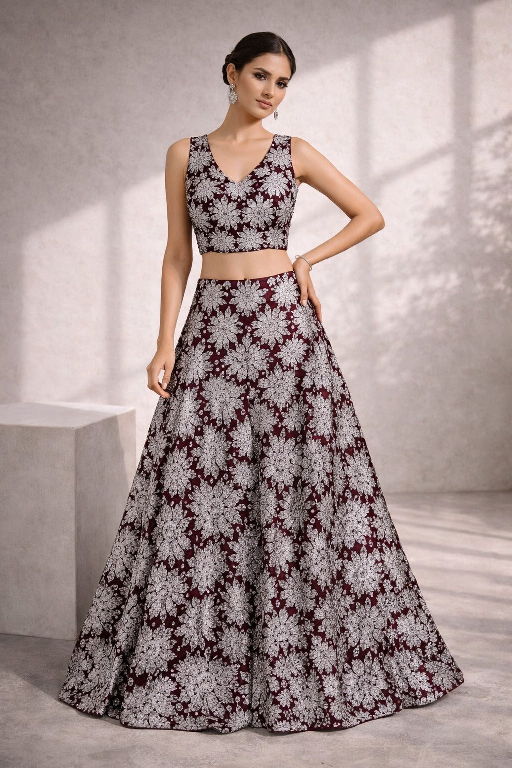 Wine Floral Printed Lehenga Set for Women | Designer Crop Top & Flared Skirt | Auras