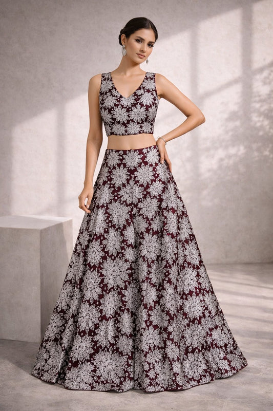 Wine Floral Printed Lehenga Set for Women | Designer Crop Top & Flared Skirt | Auras
