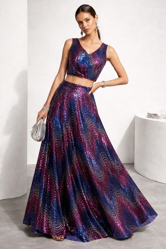 Multicolor Sequin Lehenga Set for Women | Designer Party Wear Crop Top & Flared Skirt | Auras