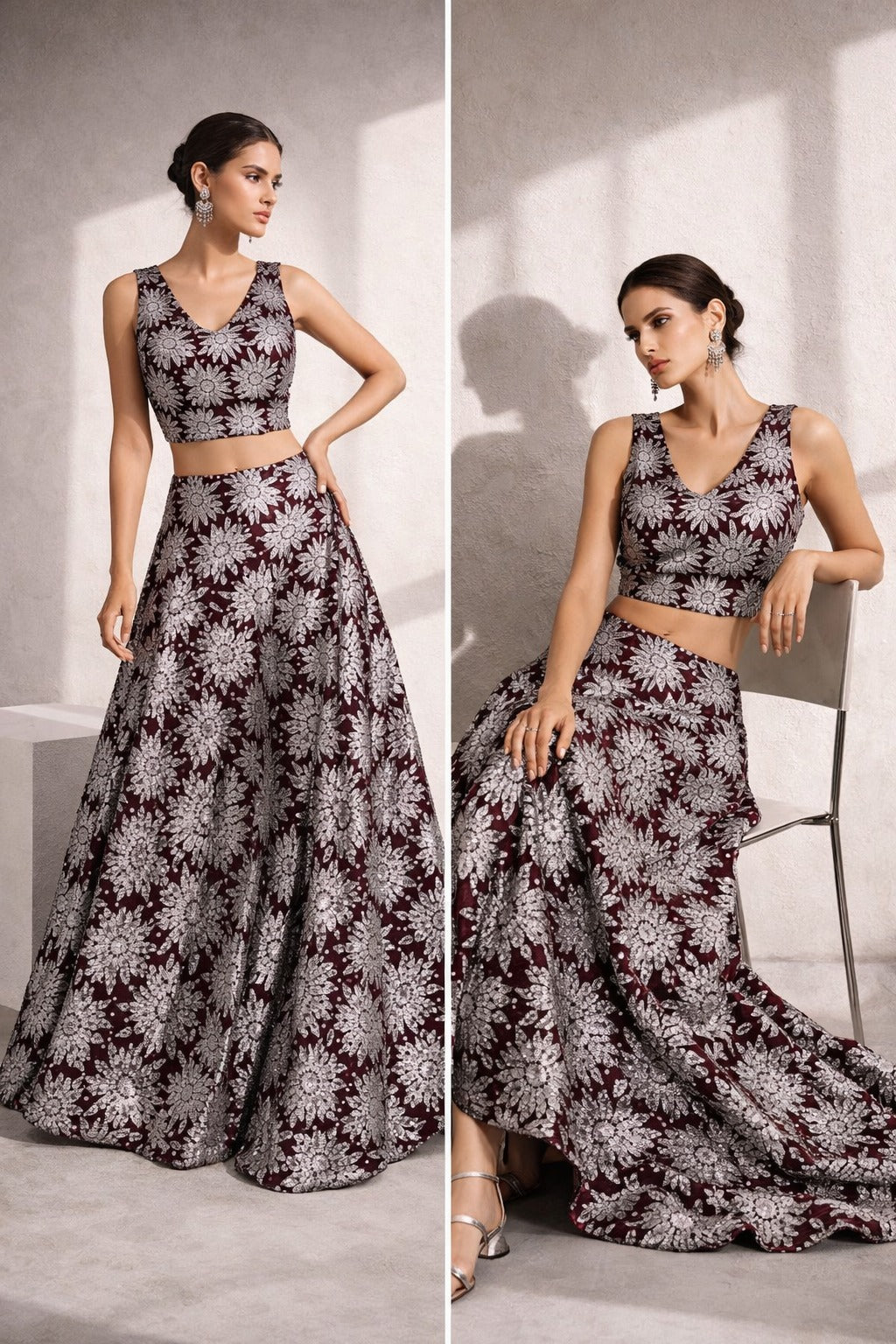 Wine Floral Printed Lehenga Set for Women | Designer Crop Top & Flared Skirt | Auras