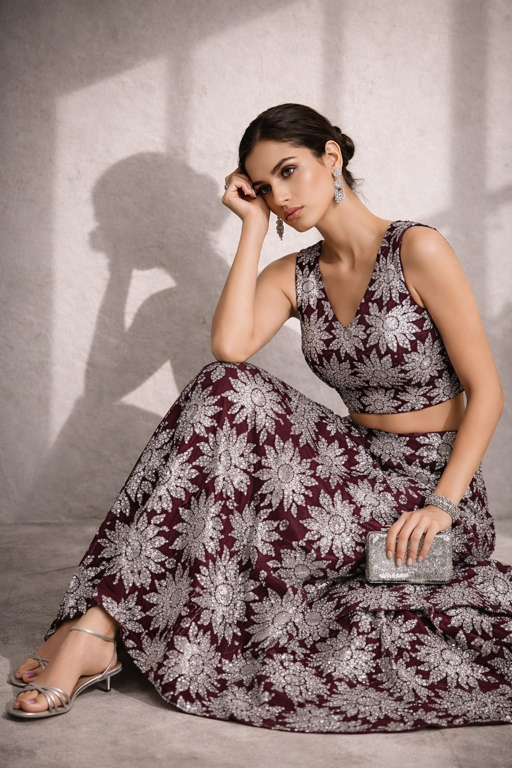 Wine Floral Printed Lehenga Set for Women | Designer Crop Top & Flared Skirt | Auras