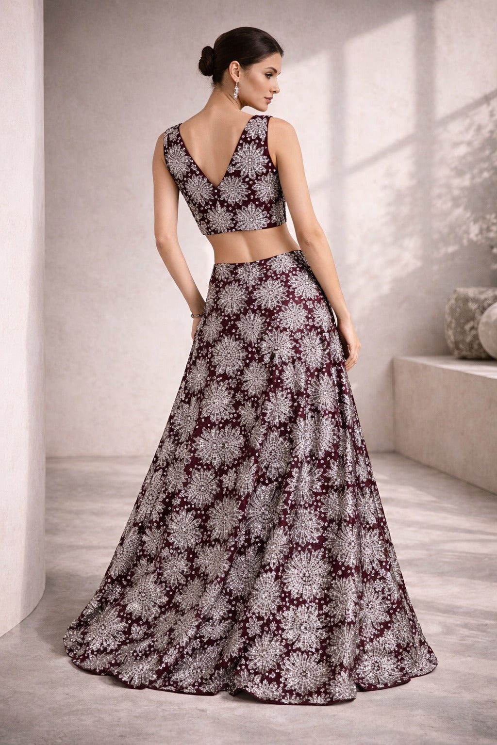 Wine Floral Printed Lehenga Set for Women | Designer Crop Top & Flared Skirt | Auras